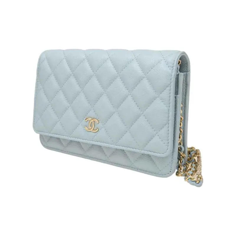 CHANEL WOC Grain Embossed Cow Leather Wallet On Chain, Shoulder Bag, Crossbody Bag Women's Light Blue-1