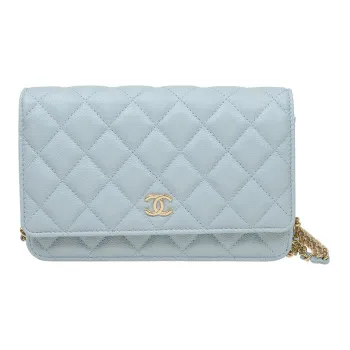 CHANEL WOC Grain Embossed Cow Leather Wallet On Chain, Shoulder Bag, Crossbody Bag Women's Light Blue