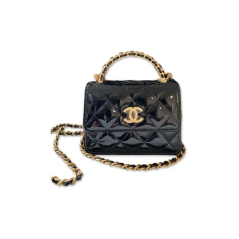 CHANEL 22K Autumn And Winter Patent Leather Handle Bag Kelly Bag Shoulder Crossbody Handbag Small Size Women's Black