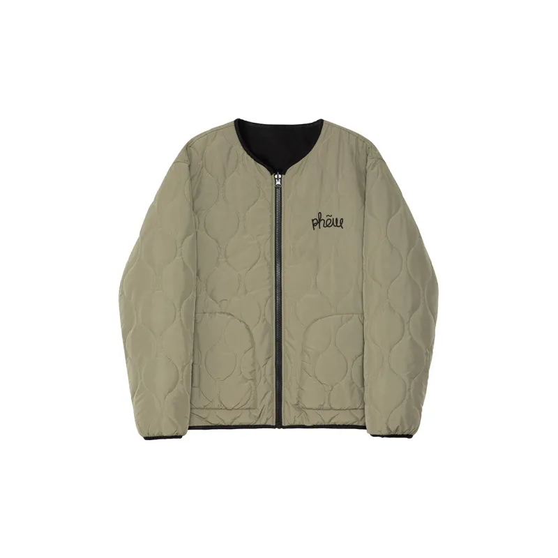 Phew Letter Collarless Loose Fit Thickened Puffer Jacket Unisex-2