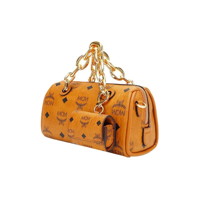 MCM Essential Visetos Origina Cow Leather Boston Bag Handbag Shoulder Bag Crossbody Bag Mini Women's Cognac-1