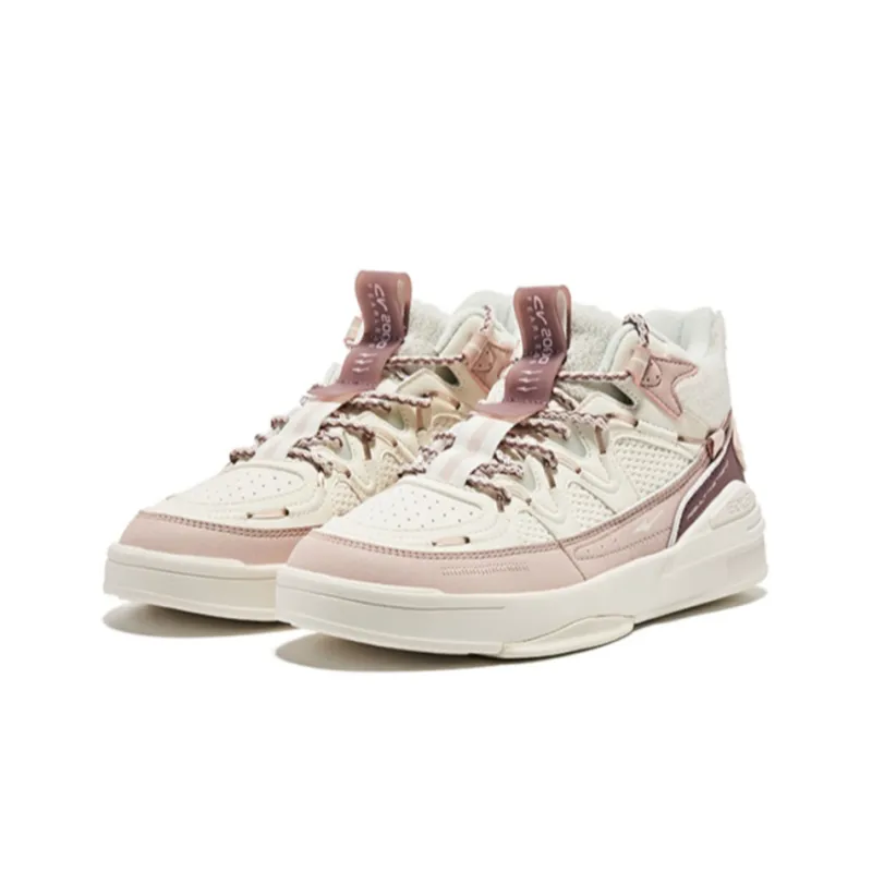 Erke Rivers Anti Slip Wear Resistant High Top Skateboard Shoes Women's White Pink-1