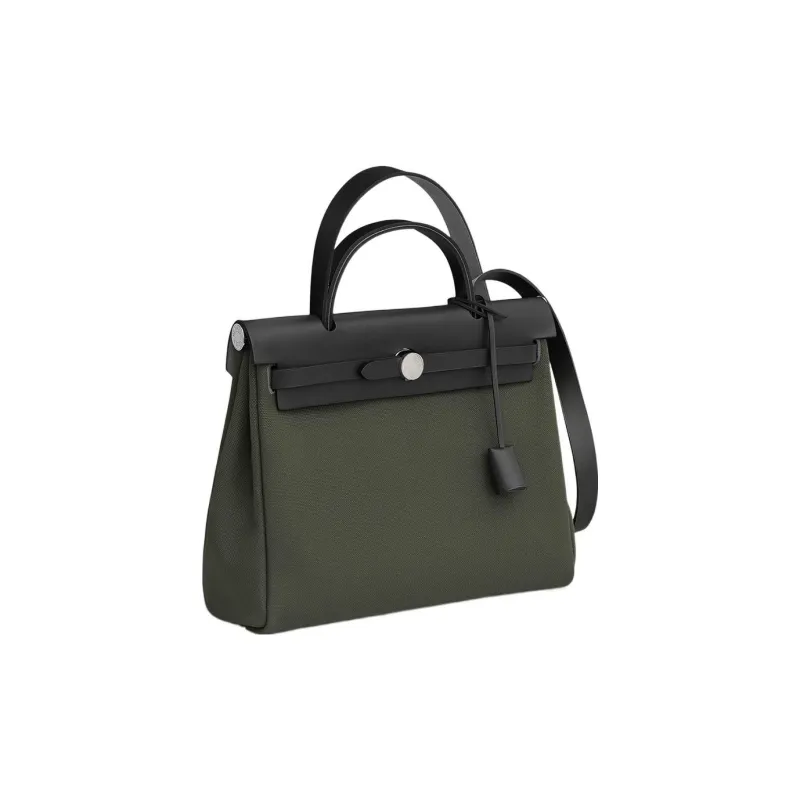 HERMES Herbag Zip Canvas With Leather Shoulder Bag Crossbody Bag Handbag Unisex Gray Green/Black-1
