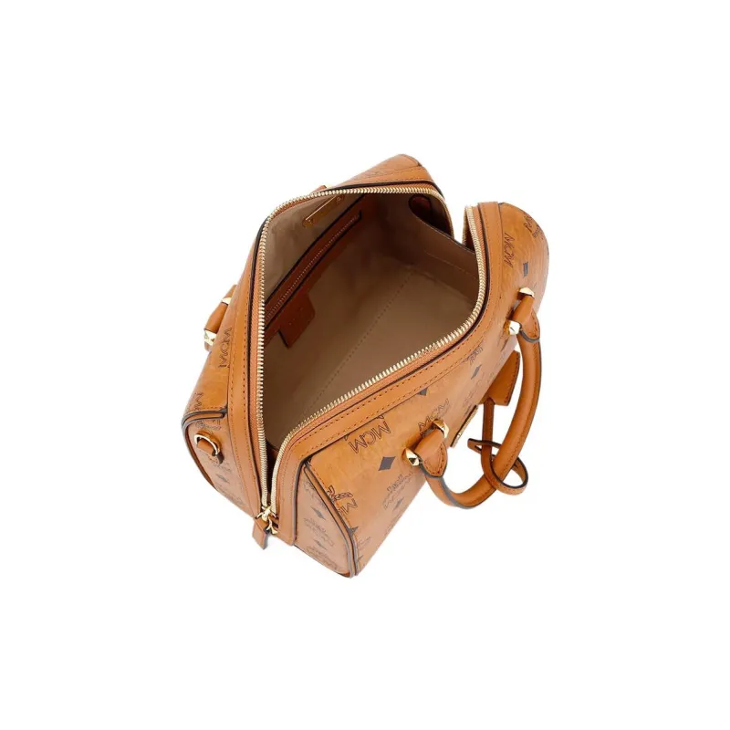 MCM ArenOriginal Visetos Leather Trim Boston Bag Portable Crossbody Bag Shoulder Bag Unisex Brown Cognac-3