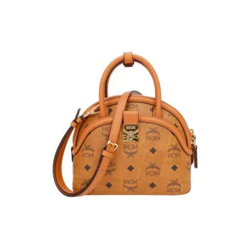 MCM Anna Visetos Cow Leather Dome Bag, Shoulder Bag, Crossbody Bag, Handbag Trumpets Women's Cognac Brown