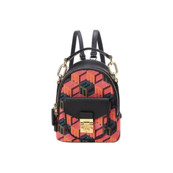 MCM Jacquard Fabric With Cow Leather Handbag Backpack Extra Mini Women's Red