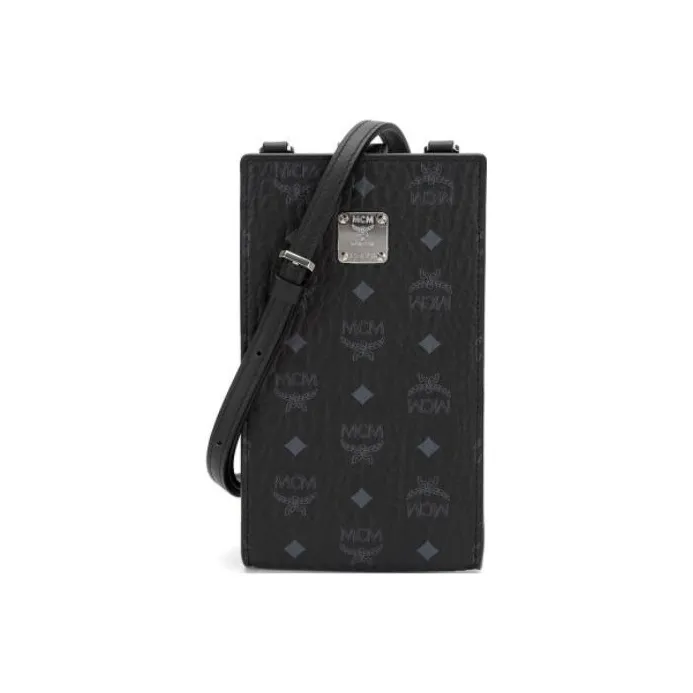 MCM Original Visetos Leather One Shoulder Crossbody Card Holder Cell Phone Pouch Men's Black-0