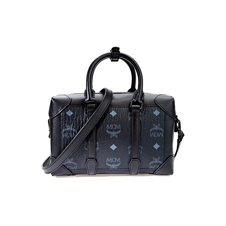 MCM Visetos Coated Canvas With Leather Box Bag, Boston Bag, Shoulder Bag, Crossbody Bag, Handbag Trumpets Women's Black-1