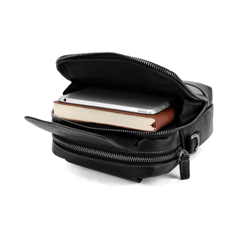 NOMK Top Grain Cow Leather Genuine Leather One Shoulder Crossbody Sling Bags Small Size Unisex Black-8