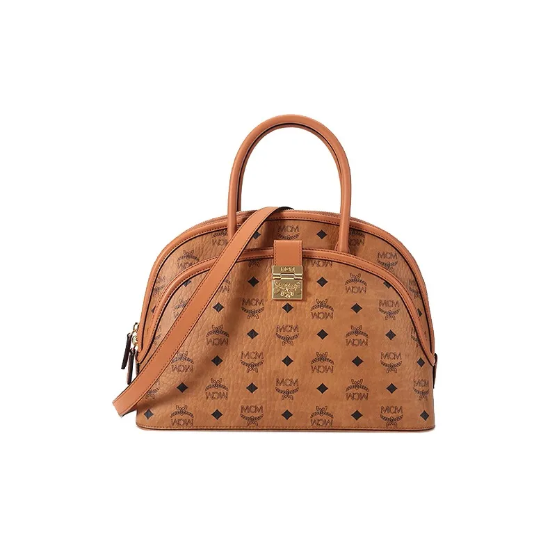 MCM Anna Visetos Leather Dome Bag, Shoulder Bag, Crossbody Bag, Handbag Large Size Women's Brown Cognac-0
