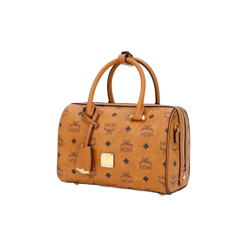 MCM ArenOriginal Visetos Leather Trim Boston Bag Portable Crossbody Bag Shoulder Bag Unisex Brown Cognac-1