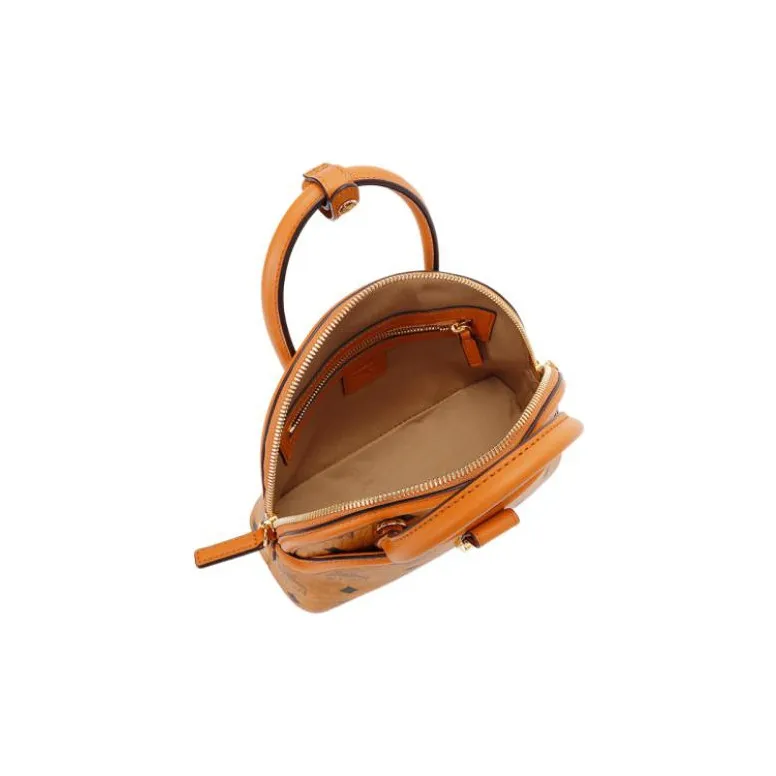 MCM Anna Visetos Cow Leather Dome Bag, Shoulder Bag, Crossbody Bag, Handbag Trumpets Women's Cognac Brown-4