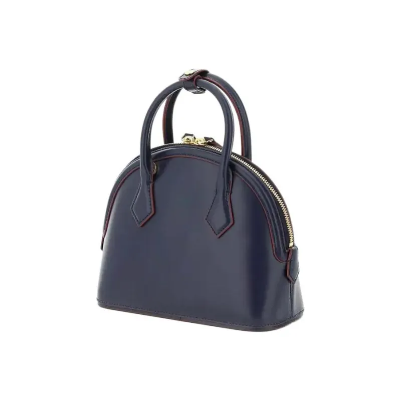 MCM Anna Visetos Smooth Leather One Shoulder Crossbody Dome Bag Handbag Small Size Women's Dark Blue-1
