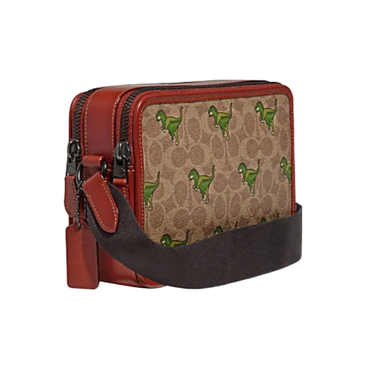 COACH Charter Cow Leather Small Square Bag Shoulder Bag, Crossbody Bag Medium Size Men's Brown Yellow & Rusty Red-1