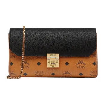 MCM Tracy Visetos Coated Canvas Crossbody Bag Medium Size Women's Brown Cognac/Black/Gold
