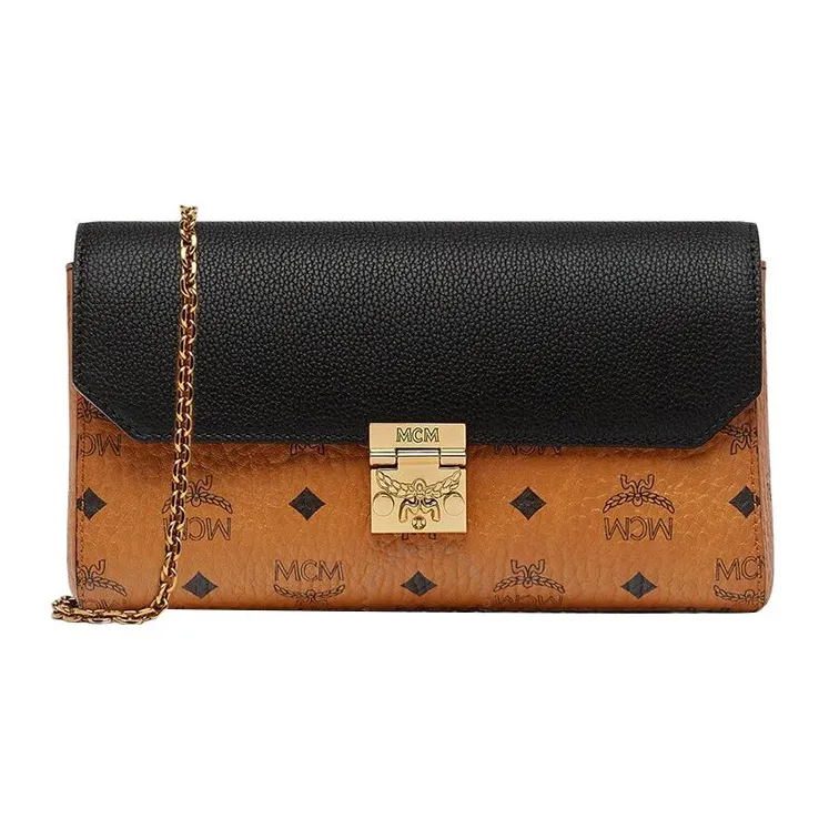 MCM Tracy Visetos Coated Canvas Crossbody Bag Medium Size Women's Brown Cognac/Black/Gold-0