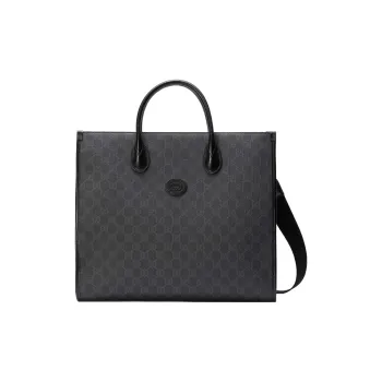 GUCCI Canvas With Leather Tote Bag, Shopping Bag, Shoulder Bag, Crossbody Bag, Handbag Medium Size Men's Black Gray