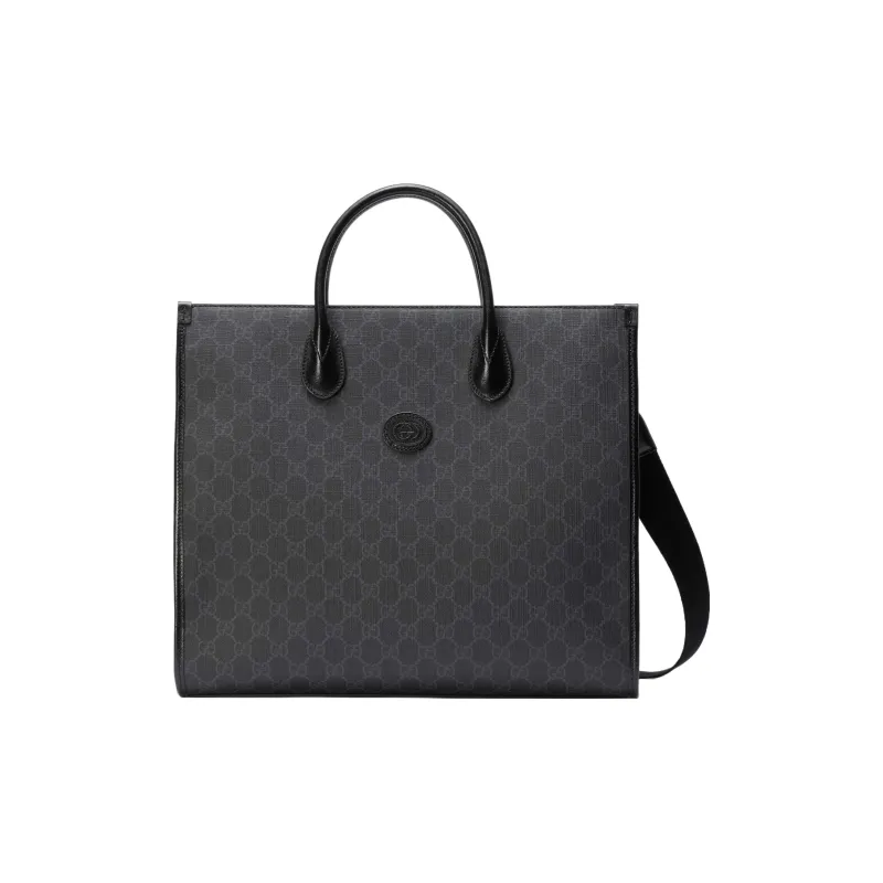 GUCCI Canvas With Leather Tote Bag, Shopping Bag, Shoulder Bag, Crossbody Bag, Handbag Medium Size Men's Black Gray-0