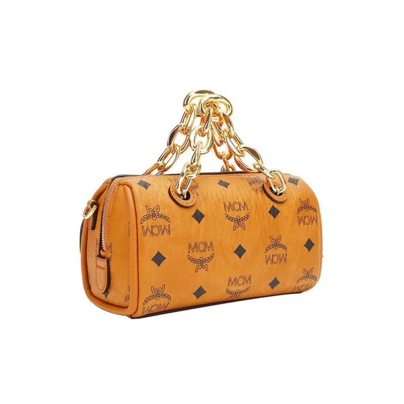 MCM Essential Visetos Origina Cow Leather Boston Bag Handbag Shoulder Bag Crossbody Bag Mini Women's Cognac-3