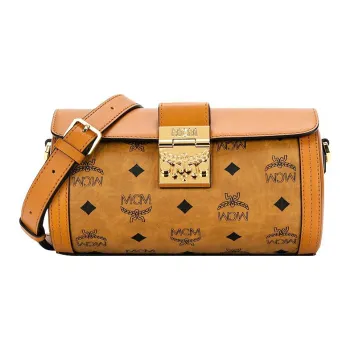 MCM Tracy Visetos Coated Canvas With Leather Cylinder Bag, Shoulder Bag, Crossbody Bag Small Size Women's Brown/Cognac