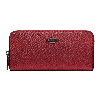COACH Id Zip Wallet Grained Leather Coin Purse Card Holder Wallet Women's Deep Red
