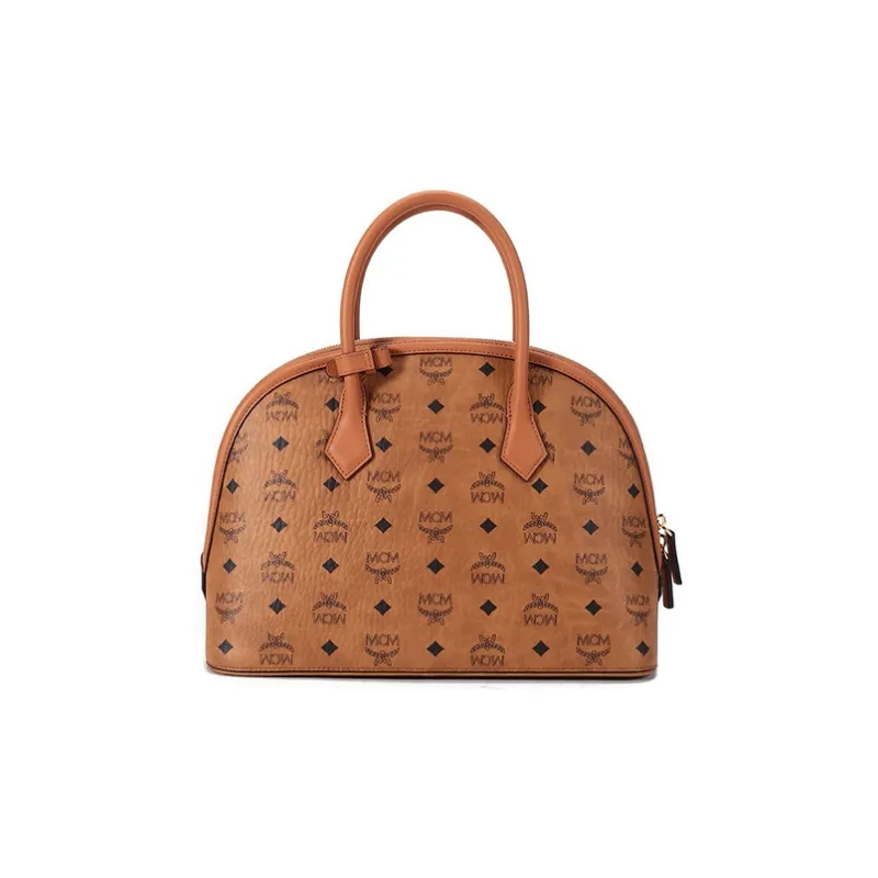 MCM Anna Visetos Leather Dome Bag, Shoulder Bag, Crossbody Bag, Handbag Large Size Women's Brown Cognac-3