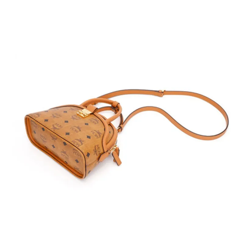 MCM Anna Visetos Cow Leather Dome Bag, Shoulder Bag, Crossbody Bag, Handbag Trumpets Women's Cognac Brown-3