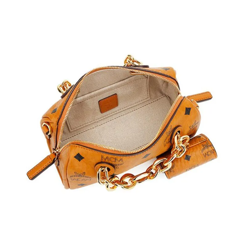 MCM Essential Visetos Origina Cow Leather Boston Bag Handbag Shoulder Bag Crossbody Bag Mini Women's Cognac-4