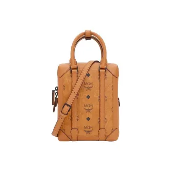 MCM Soft Berlin Visetos Artificial Leather Handbag, Shoulder Bag, Crossbody Bag Small Size Men's Brown Cognac