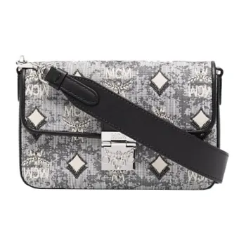 MCM Nappa Leather Jacquard Fabric Shoulder Bag, Crossbody Bag Small Size Women's Gray