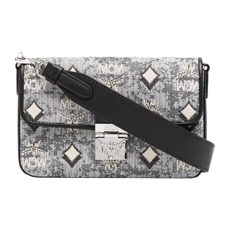 MCM Nappa Leather Jacquard Fabric Shoulder Bag, Crossbody Bag Small Size Women's Gray-0