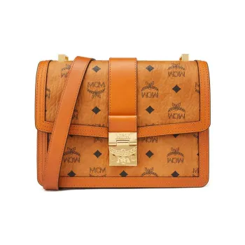 MCM Tracy Visetos Coated Canvas Shoulder Bag, Crossbody Bag Medium Size Women's Brown Cognac