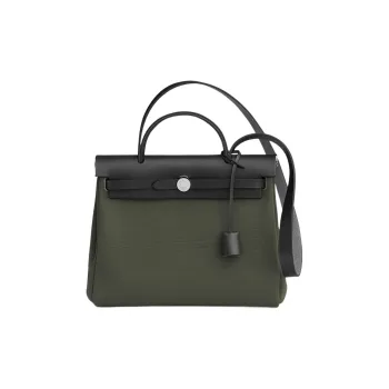 HERMES Herbag Zip Canvas With Leather Shoulder Bag Crossbody Bag Handbag Unisex Gray Green/Black