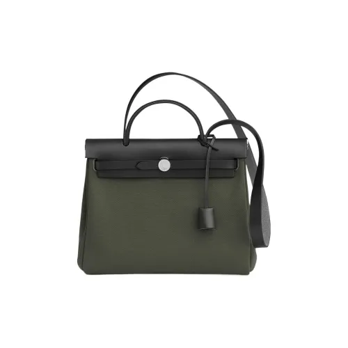 HERMES Herbag Zip Canvas With Leather Shoulder Bag Crossbody Bag Handbag Unisex Gray Green/Black