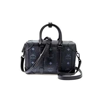 MCM Visetos Coated Canvas With Leather Box Bag Boston Bag Shoulder Bag Crossbody Bag Handbag Small Size Women's Black