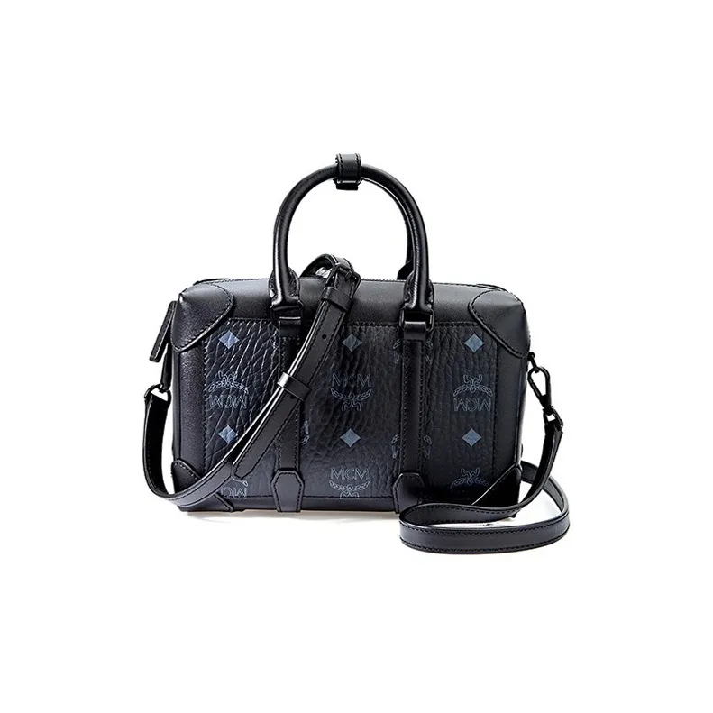 MCM Visetos Coated Canvas With Leather Box Bag, Boston Bag, Shoulder Bag, Crossbody Bag, Handbag Trumpets Women's Black-0
