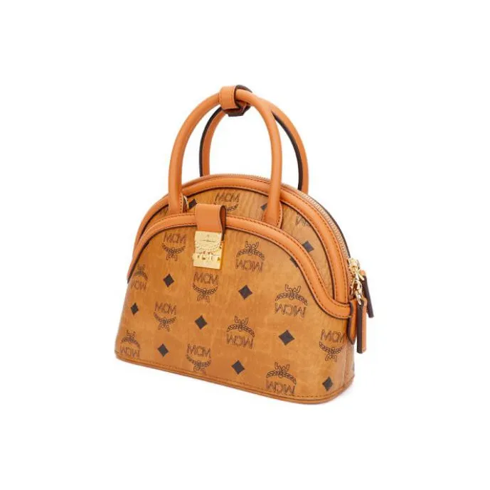 MCM Anna Visetos Cow Leather Dome Bag, Shoulder Bag, Crossbody Bag, Handbag Trumpets Women's Cognac Brown-1