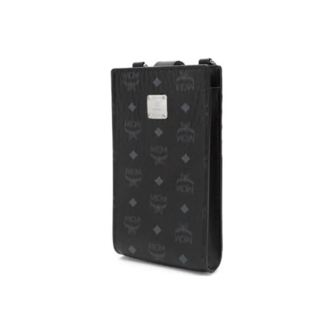 MCM Original Visetos Leather One Shoulder Crossbody Card Holder Cell Phone Pouch Men's Black-1