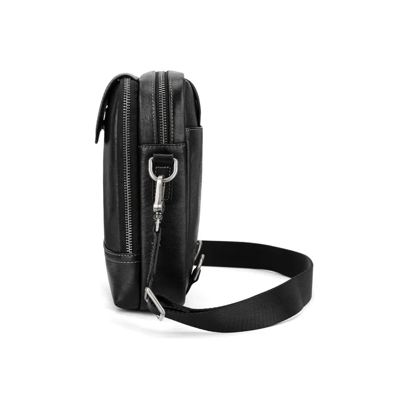NOMK Top Grain Cow Leather Genuine Leather One Shoulder Crossbody Sling Bags Small Size Unisex Black-4