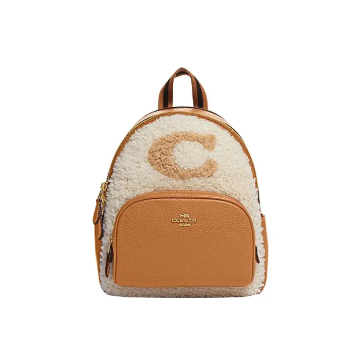 COACH Court Fabric Cow Leather Patchwork Backpack Mini Women's White & Brown-0