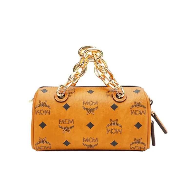 MCM Essential Visetos Origina Cow Leather Boston Bag Handbag Shoulder Bag Crossbody Bag Mini Women's Cognac-2