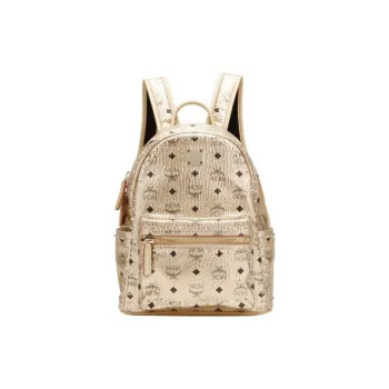 MCM Stark Visetos Leather Canvas Backpack Small Size Unisex Gold