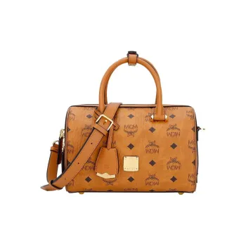 MCM ArenOriginal Visetos Leather Trim Boston Bag Portable Crossbody Bag Shoulder Bag Unisex Brown Cognac