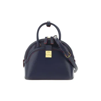 MCM Anna Visetos Smooth Leather One Shoulder Crossbody Dome Bag Handbag Small Size Women's Dark Blue