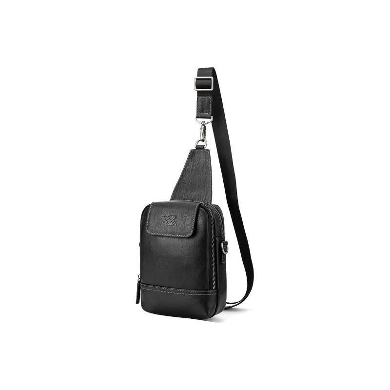 NOMK Top Grain Cow Leather Genuine Leather One Shoulder Crossbody Sling Bags Small Size Unisex Black-2