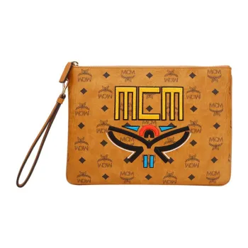 MCM Stark Visetos Calfskin Wrist Bag Clutch Medium Size Men's Cognac