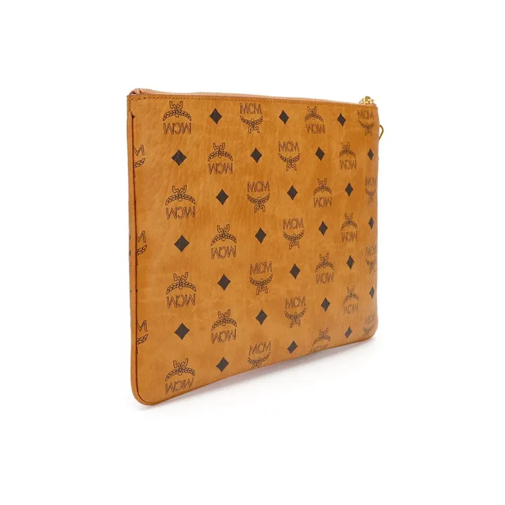 MCM Stark Visetos Calfskin Wrist Bag Clutch Medium Size Men's Cognac-1