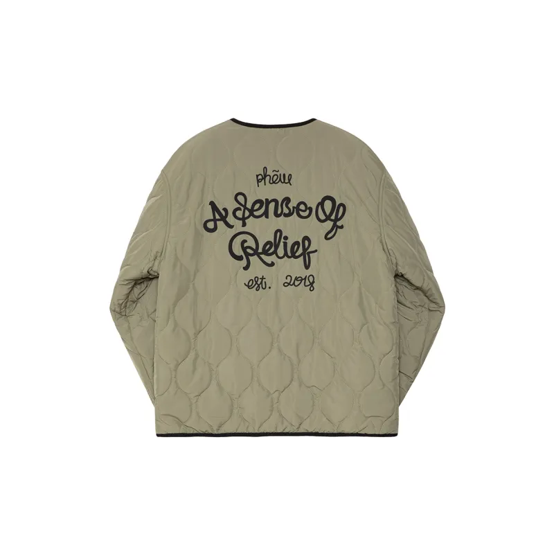 Phew Letter Collarless Loose Fit Thickened Puffer Jacket Unisex-3