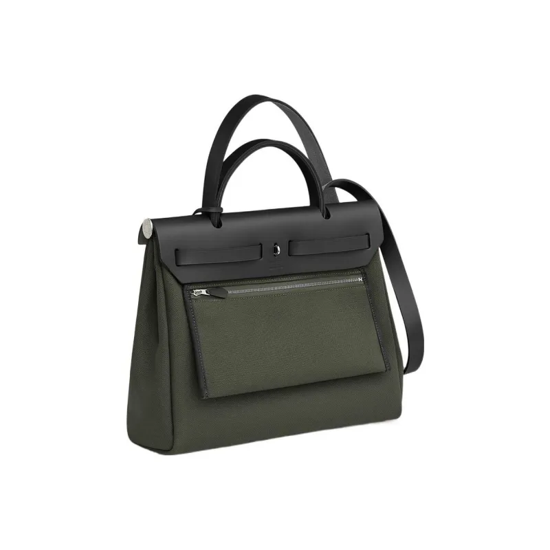 HERMES Herbag Zip Canvas With Leather Shoulder Bag Crossbody Bag Handbag Unisex Gray Green/Black-2
