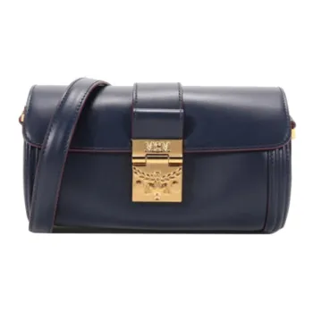 MCM Tracy Visetos Leather Shoulder Bag Crossbody Bag Small Size Women's Navy